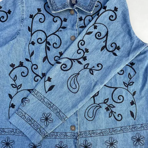 Denim & Co Vintage Floral Embroidered  Button Up Jacket