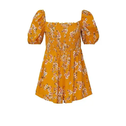 Flynn Skye Justine Romper Women's Medium Orange Floral Puff Sleeve Smocked RTR