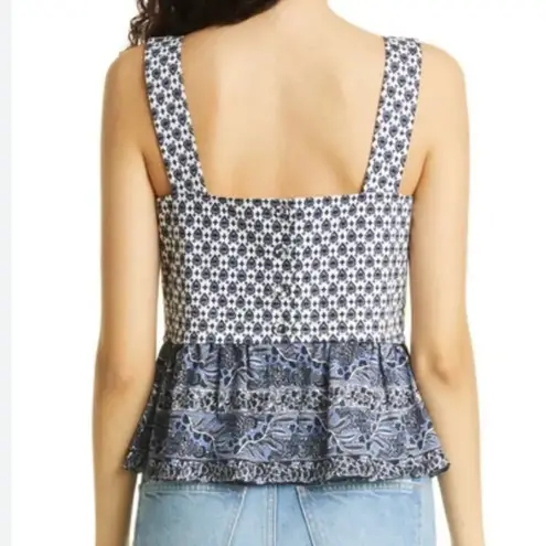 Veronica Beard Gari Cotton Peplum Paisley Print Top Blue White Button Back Sz 8