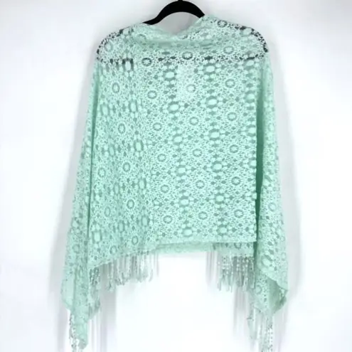 Alberto Makali NWT Women's Lace Sheer Fringe Hem Poncho Mint Green Size S/M