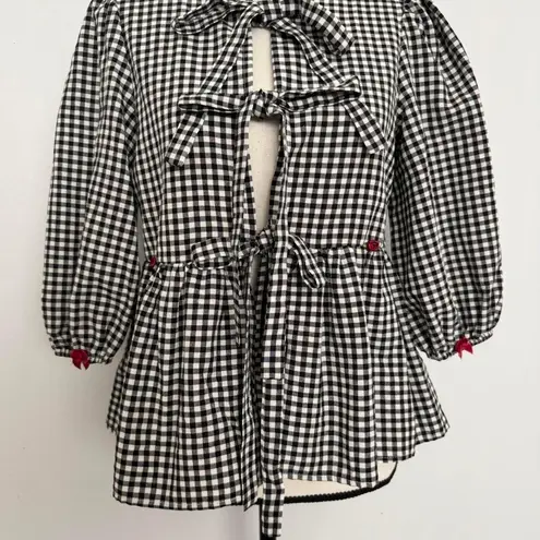 Boutique black & white gingham bow tie up blouse with mini red bows & red rosebuds