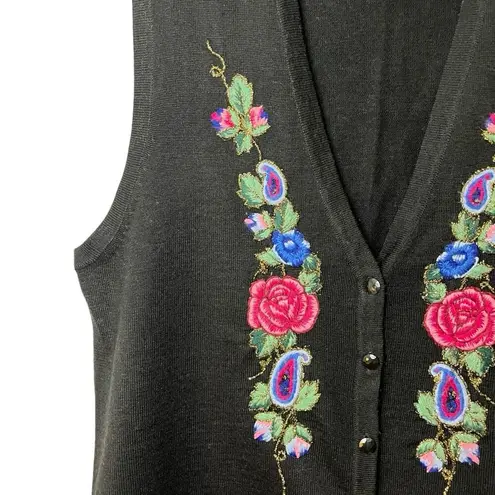 Vtg 90s/Y2K Koret Embroidered Metallic Floral Paisley Wool Blend Sweater Vest L Black Size L