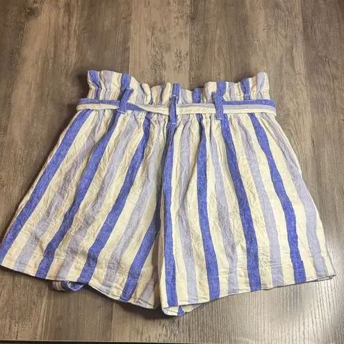 Madewell  High Waist Blue and Cream Linen/Cotton Paper Bag Striped Shorts