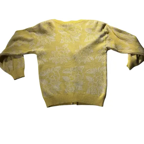 Counterparts Vtg Yellow Off White Floral Print V-Neck Long Sleeve Cardigan Sz M*