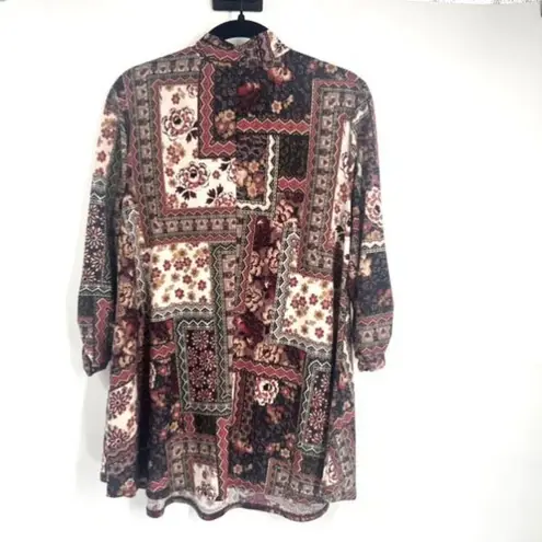 Cocomo Floral Bandana Print 3/4 Sleeve Mock‎ Neck Blouse Medium Boho Patchwork Brown