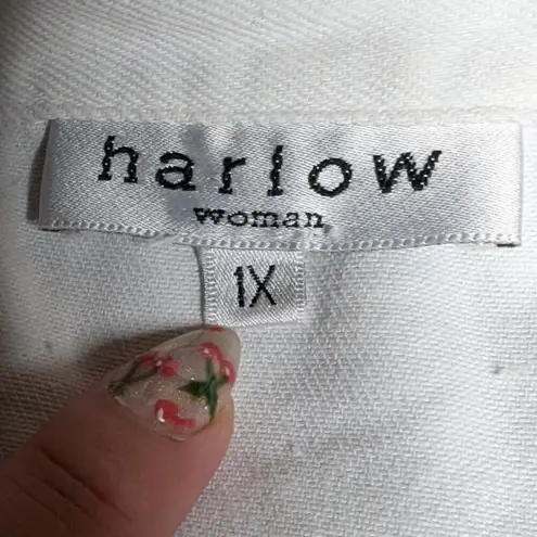 Vtg Y2K Harlow White Stretch Denim Blue Floral Trim Button Up Jean Jacket 1X