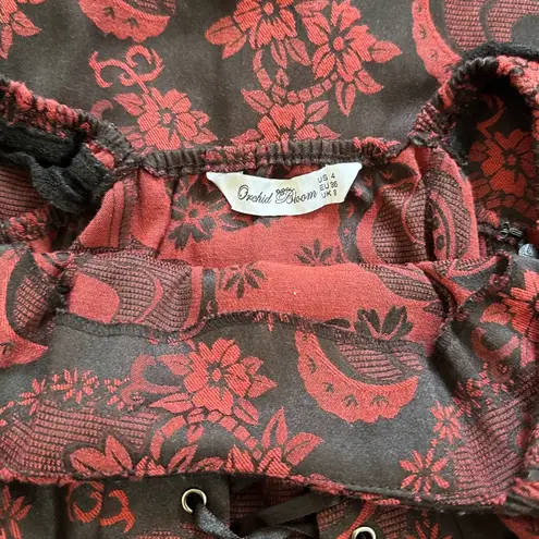 Orchid Bloom Red Blck Paisley Floral Lace Trim Corset Fit and Flare Dress Size 4