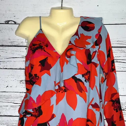 Belle Sky NWT Size S Blue & Red Floral Print Ruffle Trim One Sleeve Blouse Top