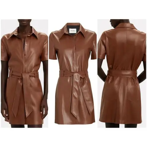 NANUSHKA Halli Vegan Leather Shirt Dress In Brown Size Small Belted Short Sleeve