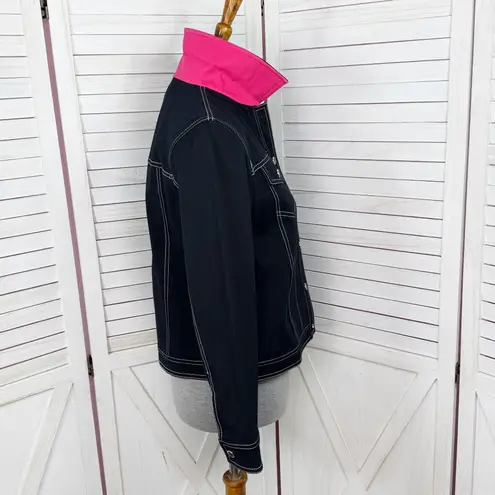 Vntg St. John Sport Contrast Stitch Button Front Denim Jacket Black Pink Small