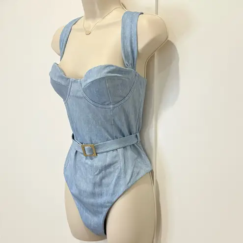 We Wore What Vintage Denim Danielle One Piece Swimsuit Blue Belted Large Chic