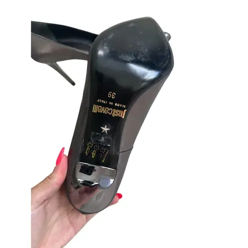 Roberto Cavalli Just Cavalli Pewter Silver Leather Heels Size 9 / 39