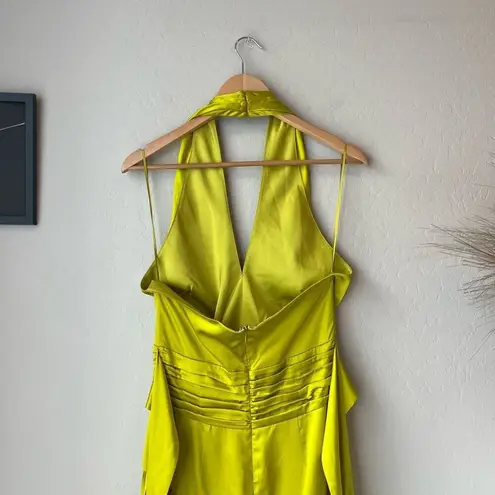 AMUR Dixon Citrine Lime Green Pleated Halter Satin Midi Cocktail Dress Sz 4 NWT