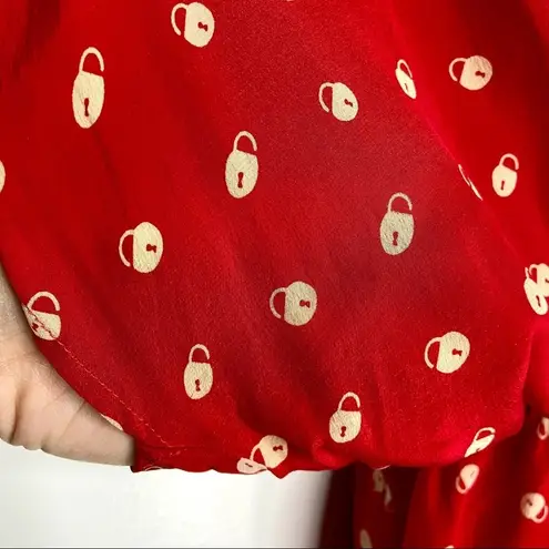 Petticoat Alley 100% Silk Cherry Red Lock Print Blouse