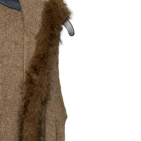 Christopher & Banks Open Hooded Brown Vest Fux Fur Trim Wool Blend Women Small