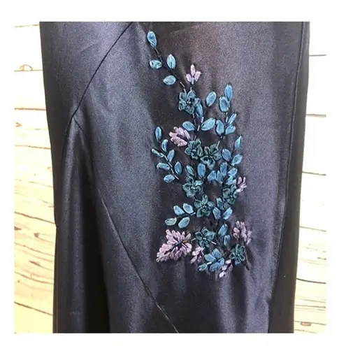 Alex Evenings Y2K navy beaded slip cowl neck floral satin formal Gown small