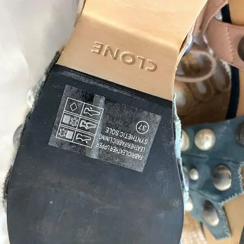 NWOT Clone Pink Pearl Detail Blue Denim Wooden Clog Sandals Size EU 37