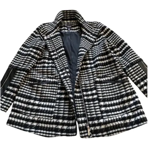 Rafaella Car Coat Black White Brushed Plaid Faux Leather Detail Outerwear Large