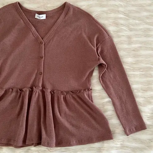 The Comfy Gilli Brown V-Neck Oversized Cozy Waffle Knit Long Sleeve Peplum Top Sz S