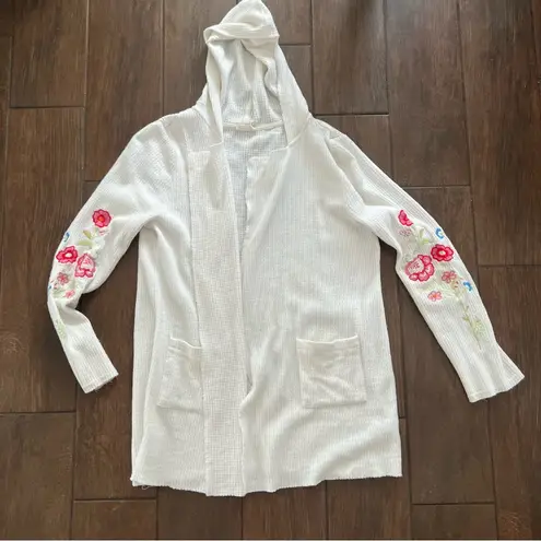 Miss Love White Floral Hooded Open Cardigan with Pockets sz L