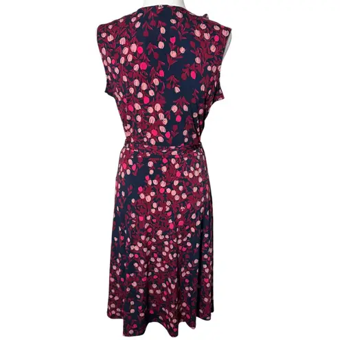 Leota Felicity Faux Wrap Dress Large Floral Tulip Print Sleeveless Navy Pink