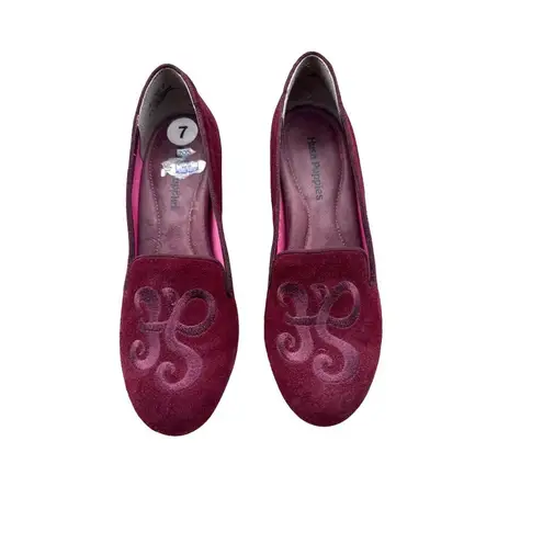 Hush Puppies Size 7.5 Burgundy Suede Slip-On Shoes Embroidered Detail