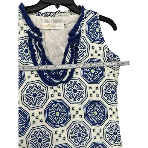 Tracy Negoshian Blue White Sleeveless dress cotton Ruffle Neckline size M