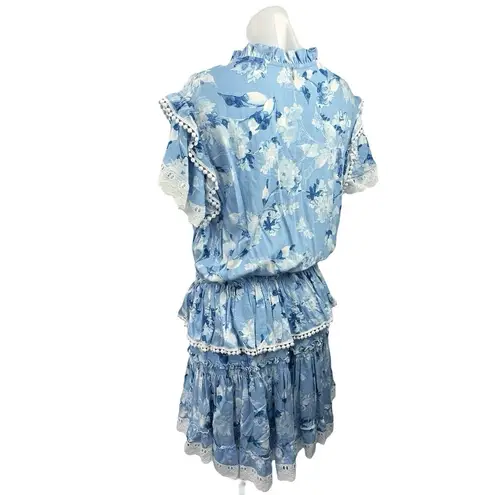 Misa  Lilian Blue White Floral Ruffle Embroidered Tiered Mini Blouson Dress Sz L