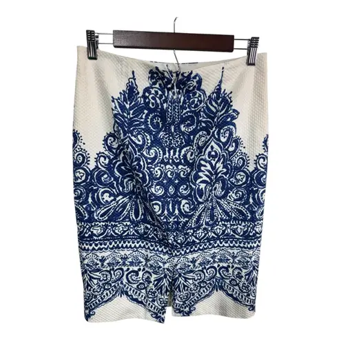 J.Crew No. 2 Pencil Skirt Blue White Baroque Print Lined Cotton Blend Women's 00 Size 00P