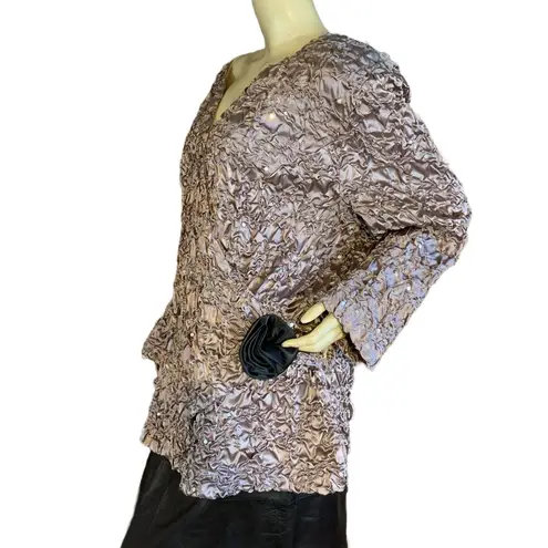 CACHET TAUPE & BLACK CRINKLED COCKTAIL TOP W/SEQUINS AND BLACK ROSETTE (3X) Brown