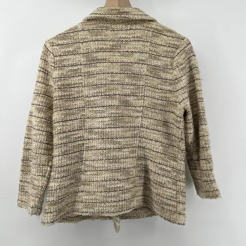 Lucky Brand  Women L Marled Moto Jacket Cream Beige Striped Pockets Tweed‎ Casual
