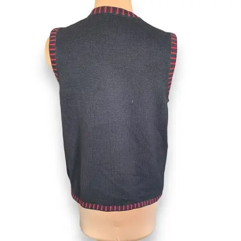 Holiday Editions Black Printed Knit Sweater Vest Festive Embroidery Red Plaid Size L