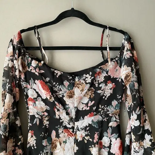 re:named sz S black pink floral off shoulder maxi sundress
