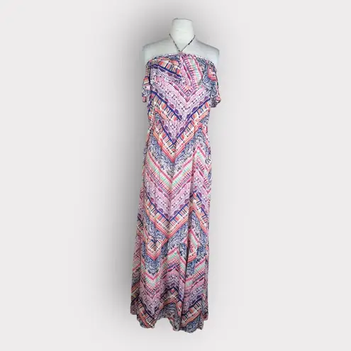 Socialite  Printed Tiered Halter Maxi Dress | Large | Boho Chic Elegance