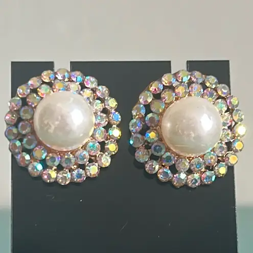 Elegant Bridal Prom Formal Halo Set Pearl and Iridescent Crystal Button Earrings White