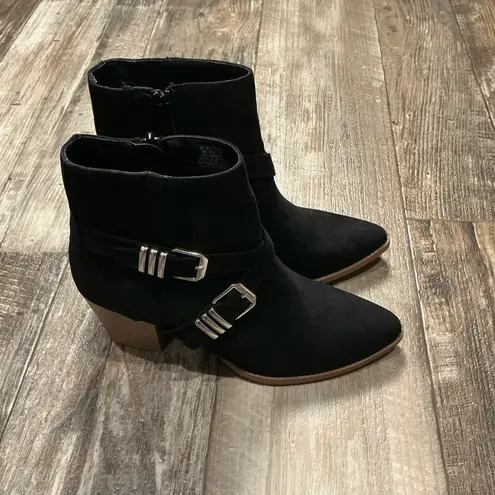 Sun + Stone Black Ankle Boots with Silver Buckles Size 7