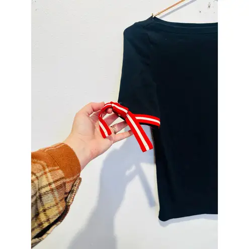 LAUREN RALPH LAUREN Black Red White Boatneck Ribbon Tie Short Sleeve Top sz PXS