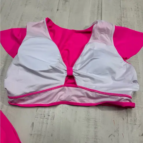 Yonique Two Piece Plus Size Bikini Set High Waisted flutter sleeve Swimwear Pink - Image 7