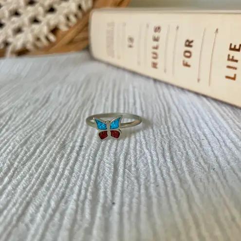Turquoise & Coral Butterfly Silver Ring Western Bohemian Girly Femme Cowgirl Jewelry Blue