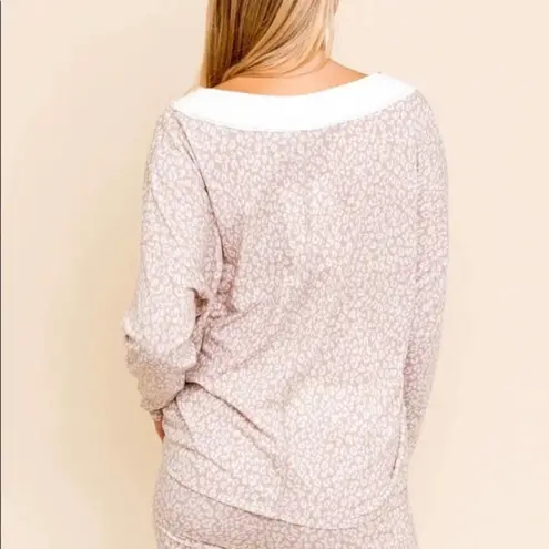 Lounge Gilli White Cream Tan Animal Print Cozy Fuzzy Oversized PJ Long Sleeve