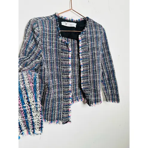 IRO Multicolored Printed Tweed Long Sleeve Frayed Hem Frannie Jacket size 36