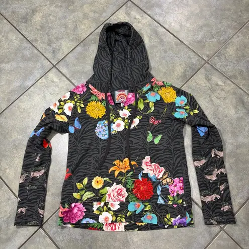 Johnny Was Blooming Breeze Pullover Hoodie Camo Grey Black Sz XS Boho Casual EUC