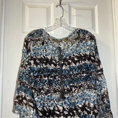 R Cinco Ranch Blue/Brown Lace 3/4 Sleeve Blouse M Size M