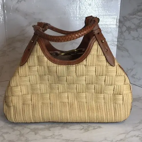 Cole Haan  GENEVIEVE Triangle Leather & basket Woven Canvas Tote bag purse