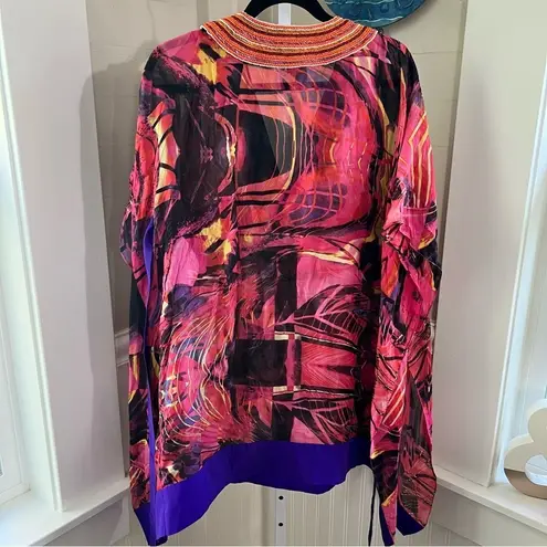 Zeugari Silk Tunic Beaded V Neck Semi Sheer Tie at Empire Waist * Runs Small * Pink Size M