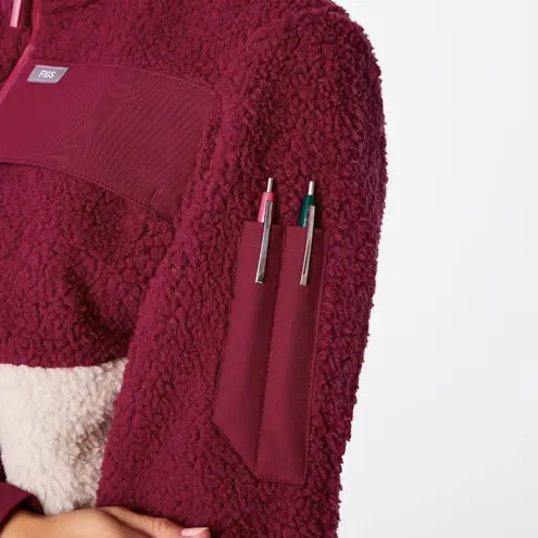 FIGS  On-Shift High Pile Fleece Pullover Jacket in Deep Cranberry, Size XXS - Image 4