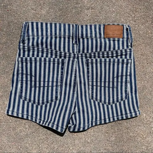 American Eagle AEO blue white railroad stripe next level stretch high rise Shorty jean shorts