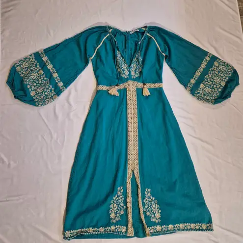 Nine Lives Bazaar Teal Dress with Cream Stitching And Embroidery Size 6 Blue