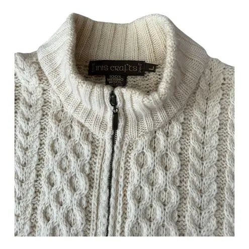 Inis Crafts Irish Cream Wool Zip Cable Knit high neck Cardigan size large