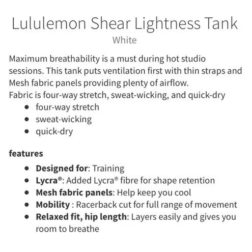 Lululemon White Shear Lightness Tank
